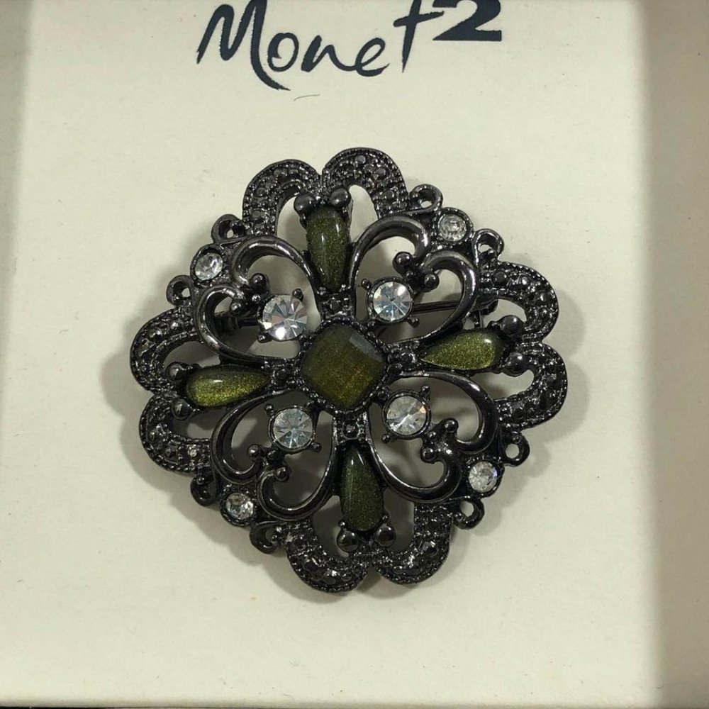 Monet2 Green Crystal and Bronze Pin Brooch